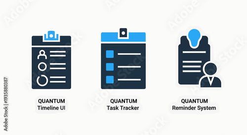 Quantum Task Management and Productivity Icons featuring Timeline UI, Task Tracker and Reminder System