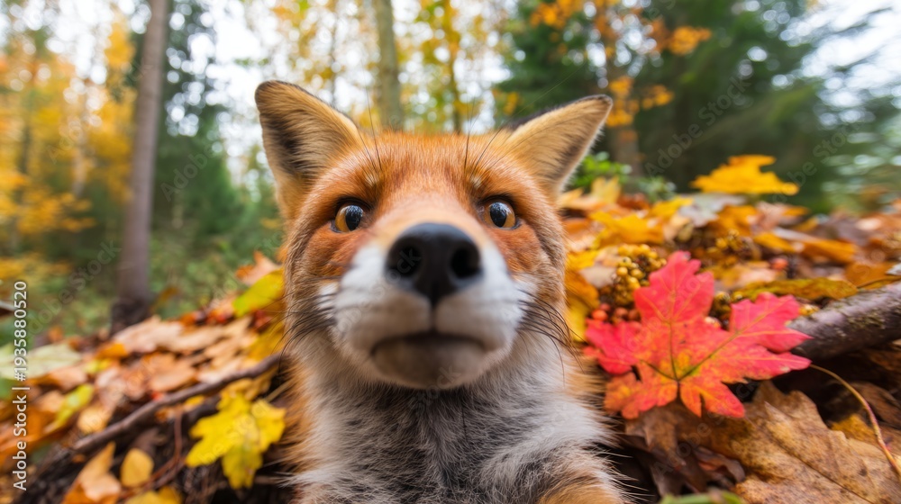 Fototapeta premium Close-Up View of a Fox in an Autumn Forest Surrounded by Colorful Leaves