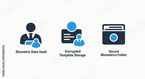 Biometric security icon set featuring a data vault encrypted storage templates and a secure folder for digital identity protection in a flat blue and charcoal style.