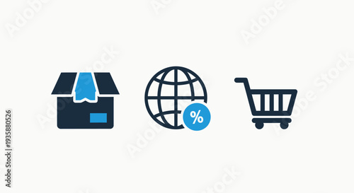 Ecommerce logistics and global trade icons with shipping box international sales globe and online retail shopping cart symbols in blue and dark blue.