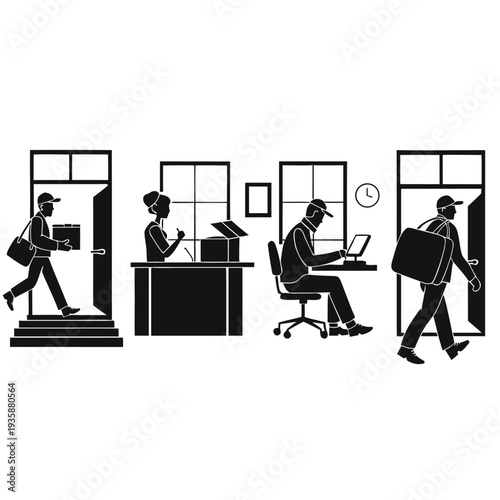 Illustration of a day in the life of a busy office worker isolated on white background, Vector
