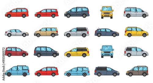 Collection of Diverse Minivans and Vans in Various Colors and Angles.