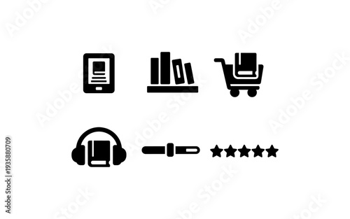 Collection of icons representing digital and physical book services and features