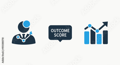 Outcome score and business growth performance icons featuring a professional analyst and an upward trending bar chart.
