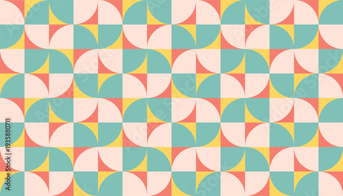 Seamless geometric pattern with mid-century modern aesthetic, colorful abstract shapes, semicircles and circles in retro pastel palette