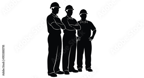 A striking black silhouette depicts four construction workers standing together in a unified pose showcasing teamwork silhouette high quality