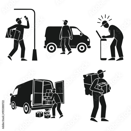 Illustrations of a delivery person loading and unloading packages from a vehicle isolated on white background, Vector