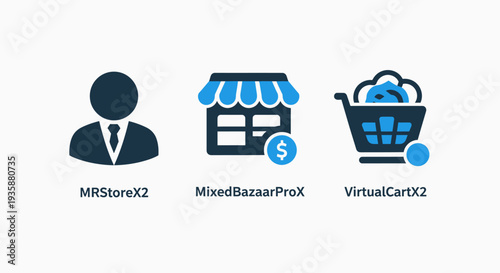 E-commerce and retail marketplace icons representing an online storefront, virtual shopping cart, and business merchant.