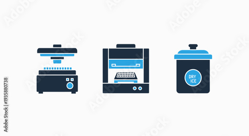 Laboratory research equipment icons featuring medical testing machines and a dry ice storage container for scientific experiments.