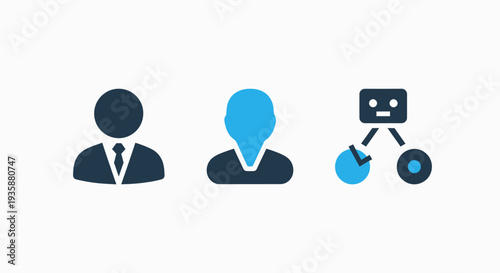 Artificial intelligence and human-robot interaction icons representing automated systems and digital personnel profiles.