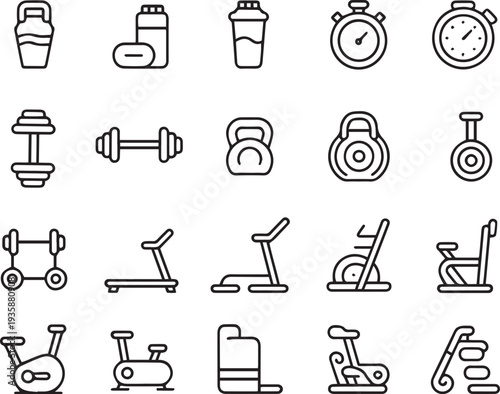 Generative AI gym and fitness line icons set
