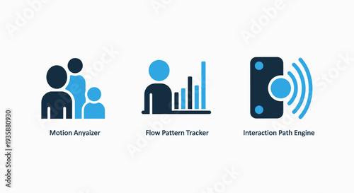 Motion Analyzer and Interaction Path Engine Icons for Data Analytics and Flow Pattern Tracking