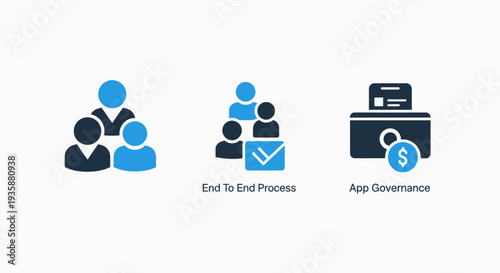 End to End Process and App Governance Icons Representing Business Workflow and Team Management