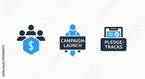 Campaign Launch and Pledge Tracking Icons for Fundraising and Financial Crowdfunding Strategy
