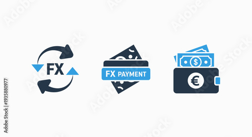 Foreign Exchange FX Payment and International Currency Wallet Icons for Global Finance Transactions