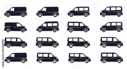Collection of Black Vans and Minivans Side View Silhouettes.