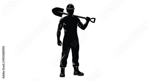 A strong worker stands with a shovel over his shoulder showcasing a bold and striking silhouette high quality professional