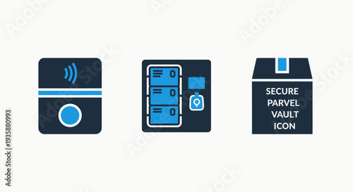 Electronic Storage Locker and Secure Parcel Vault Icons for Package Management and Logistics