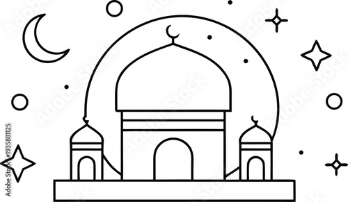 Minimal Islamic Mosque Line Art Vector Illustration, AI Generated, Crescent Moon and Stars, Ramadan Kareem Background, Black Outline Architecture Design