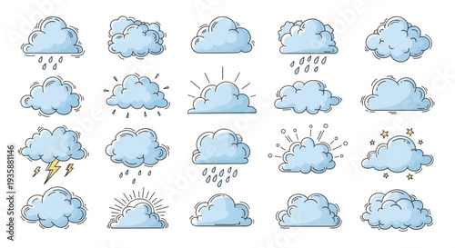 Collection of cartoon clouds with weather symbols.