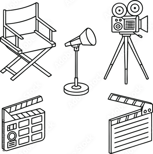 AI Generated Film Production Line Icons Set – Director Chair, Camera, Spotlight and Clapperboard Vector Illustration