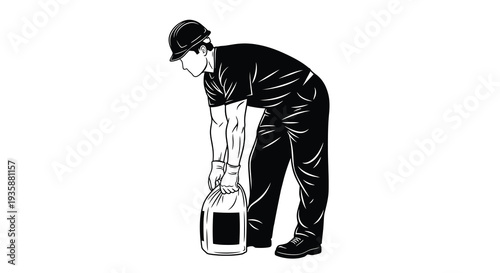 A stark black silhouette depicts a worker bending to lift a container showcasing industrial labor and form silhouette