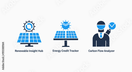 Renewable Energy Insight and Carbon Flow Analysis Icons for Solar Power and Environmental Sustainability