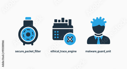 Cybersecurity and network protection icons including secure packet filter, ethical trace engine, and malware guard unit for digital safety management