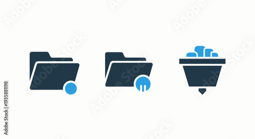Data mining and organization icons showcasing file folders and a funnel processing data blocks for information management and database system concepts