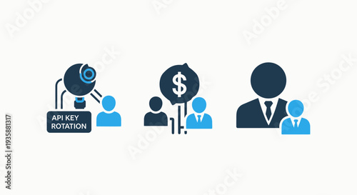 Security and Corporate Management Icon Collection Illustrating API Key Rotation Financial Partnership and Employee Mentorship Concepts