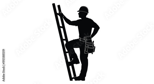 A construction worker is ascending a ladder depicted in a stark black silhouette high quality professional detailed modern elegant