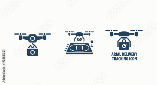 Unmanned Aerial Vehicle UAV Delivery Service Icons Featuring Drone with Package Landing Pad and Tracking Interface Elements