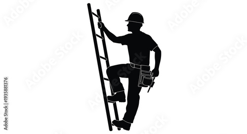 A construction worker is ascending a ladder holding onto the side rails for support in a stark silhouette