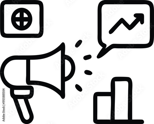 AI Generated Digital Marketing Line Icon Set – Megaphone, Analytics Chart, Growth Graph and Web Elements Outline Vector