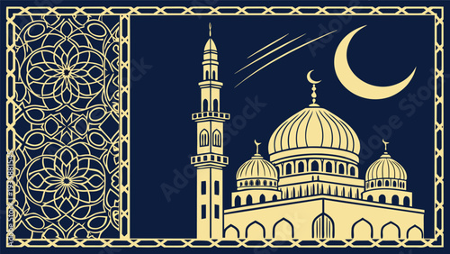 Luxury Ramadan Kareem Mosque Vector with Crescent Moon and Ornamental Islamic Frame, AI Generated