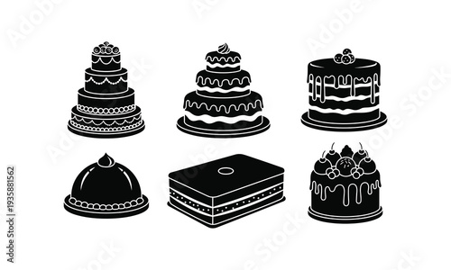 Black silhouette illustrations showcase various cakes pastries and a cake box