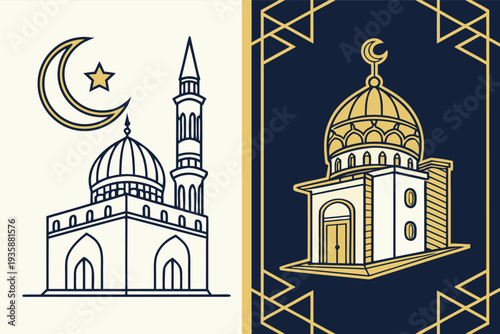 Ramadan Kareem Mosque Vector Illustration with Crescent Moon and Islamic Geometric Frame  AI Generated