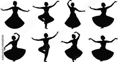 Ballet dancer silhouette collection, graceful female ballerina poses performing classical dance, elegant ballet movement set, performing arts vector illustration