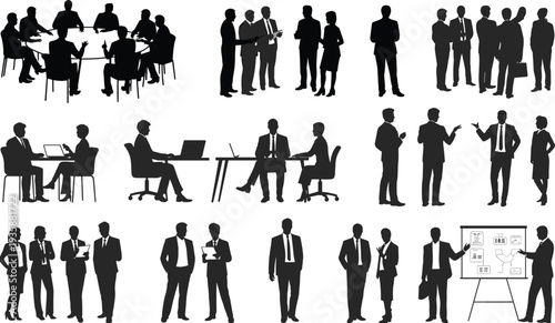 Business people silhouette collection with meetings, presentations and teamwork scenes, corporate professionals isolated on white background illustration set