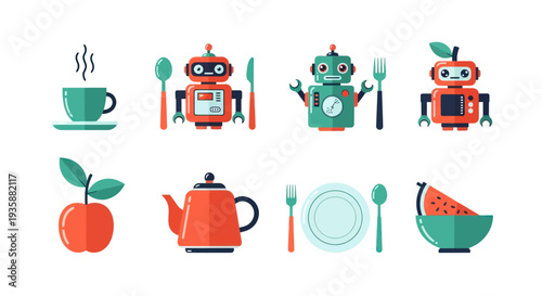 Robots with food and tableware illustration