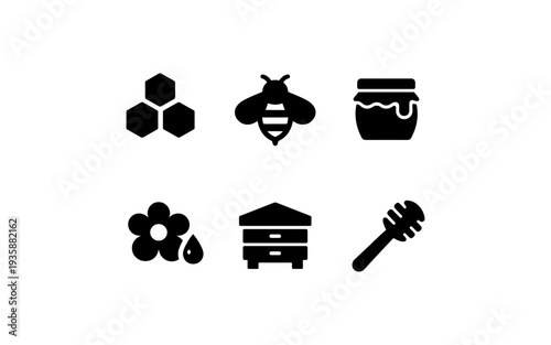Collection of black bee and honey icons on a white background