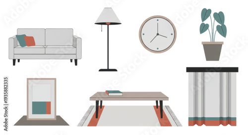 Modern living room furniture set flat design vector illustration