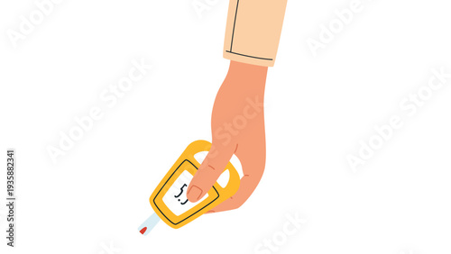Hand Holding Glucose Meter with Blood Sample on Test Strip Illustration Isolated on White Background
