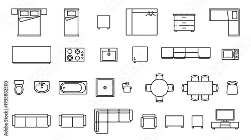 Kitchen and Living Room Furniture Icons Top View – Interior Floor Plan Line Symbols