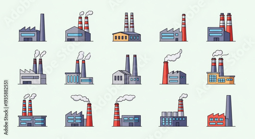 Collection of Industrial Factory Buildings with Smoke Stacks.