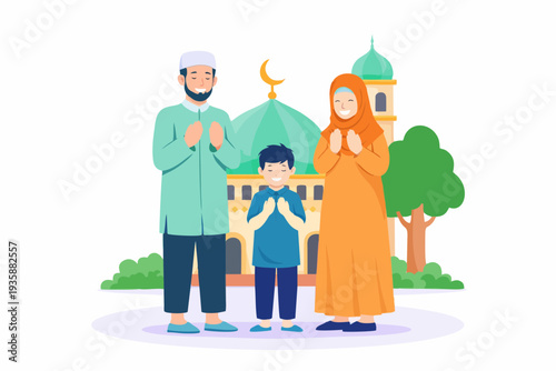 Muslim family praying together in front of mosque, illustration representing faith and devotion.