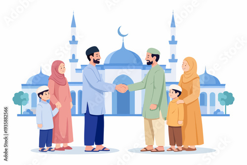 Muslim community greeting each other near mosque during Islamic celebration.