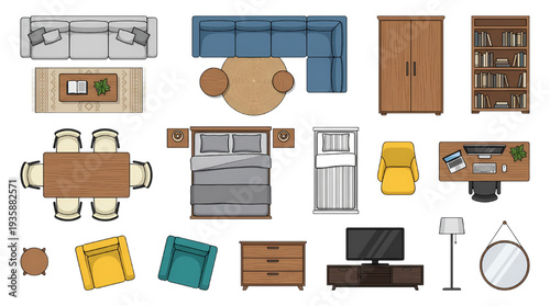 Color Furniture Top View Set – Interior Design Floor Plan Elements Collection