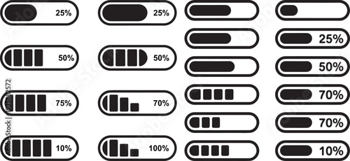 Collection of various black and white progress bars and loading indicators showing different percentages