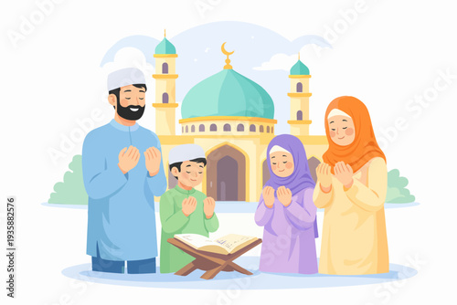 Muslim family praying together near mosque, illustration representing faith and spiritual devotion.